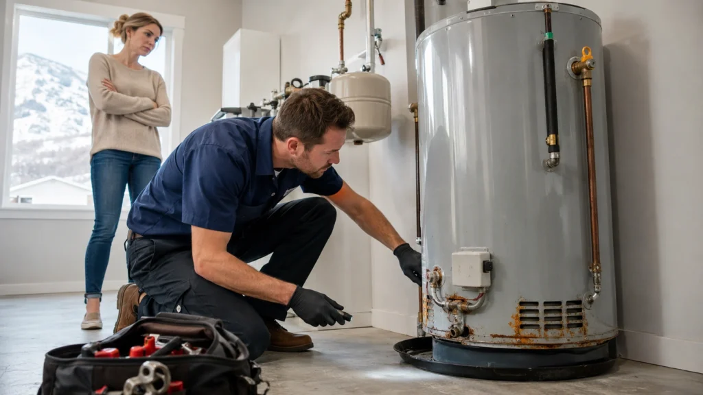 Plumber inspecting water heater in home