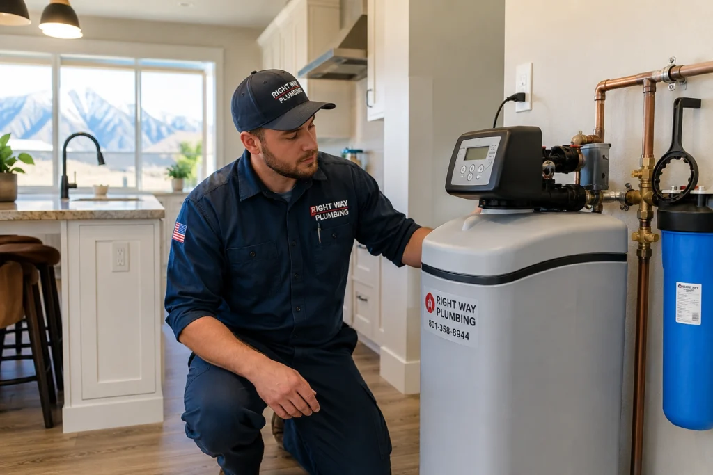 professional plumber inspecting a newly installed water softener